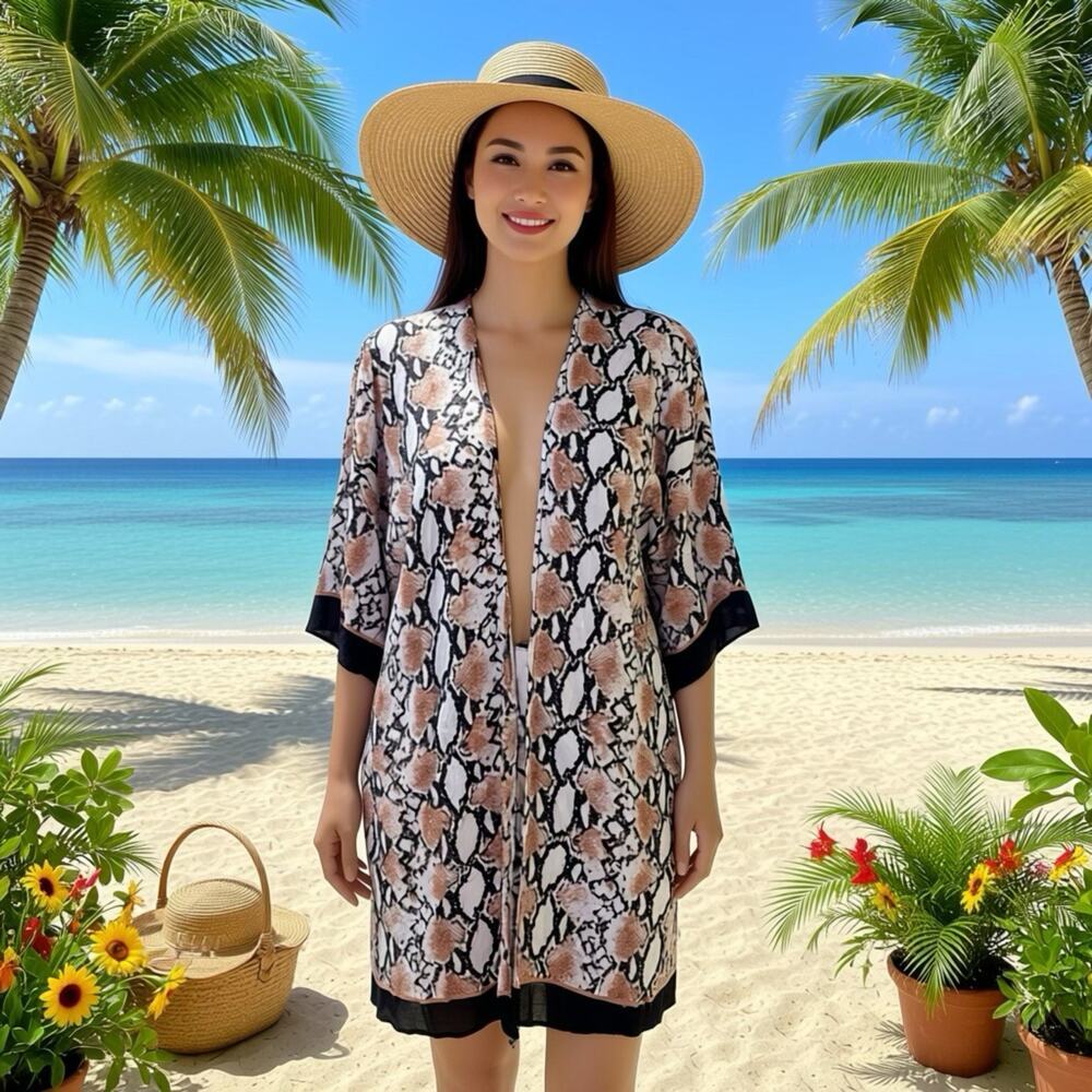 Y2K Kimono Women S-M Oversized Snake Print Summer Beachy Boho Vacation Swim Pool